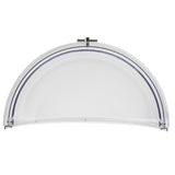 A clear, semicircular polycarbonate dome cover with a hinged center handle and blue rubber seal along the curved edge, designed to protect food while allowing easy visibility. This dishwasher-safe cover is shown against a plain white background.