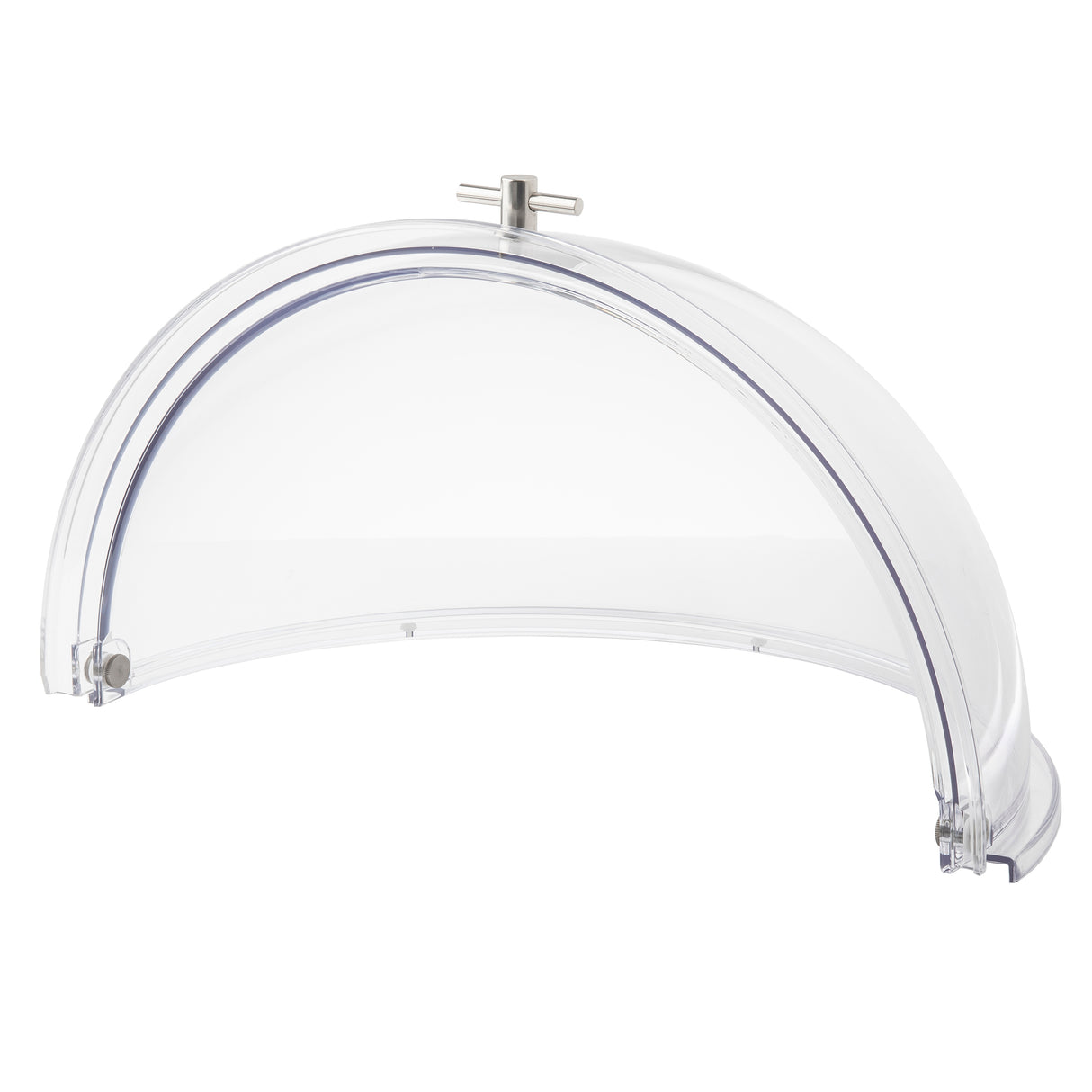 A clear, curved polycarbonate Dome Cover with a stainless steel handle on top. Semi-circular and hinged at the base, it opens or closes over food items for buffet or bakery displays and is dishwasher safe for easy cleaning.