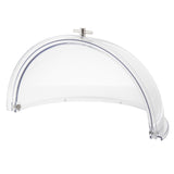 A clear, curved polycarbonate Dome Cover with a stainless steel handle on top. Semi-circular and hinged at the base, it opens or closes over food items for buffet or bakery displays and is dishwasher safe for easy cleaning.