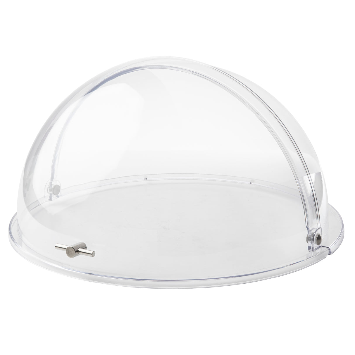 A transparent, dome-shaped polycarbonate cover with a small metal handle and hinge on its base, designed to protect or display food items while keeping them visible. The dishwasher safe Dome Cover rests on a flat, round tray against a plain white background.