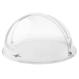 A transparent, dome-shaped polycarbonate cover with a small metal handle and hinge on its base, designed to protect or display food items while keeping them visible. The dishwasher safe Dome Cover rests on a flat, round tray against a plain white background.
