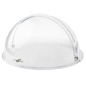 A transparent, dome-shaped polycarbonate cover with a small metal handle and hinge on its base, designed to protect or display food items while keeping them visible. The dishwasher safe Dome Cover rests on a flat, round tray against a plain white background.