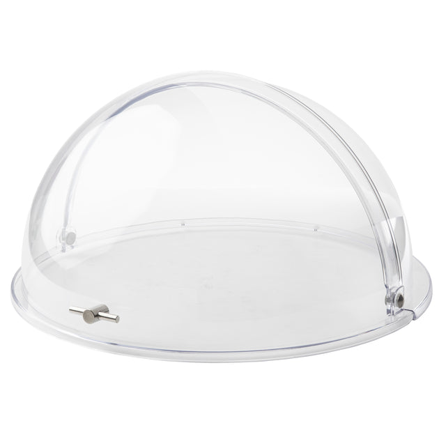 A transparent, dome-shaped polycarbonate cover with a small metal handle and hinge on its base, designed to protect or display food items while keeping them visible. The dishwasher safe Dome Cover rests on a flat, round tray against a plain white background.