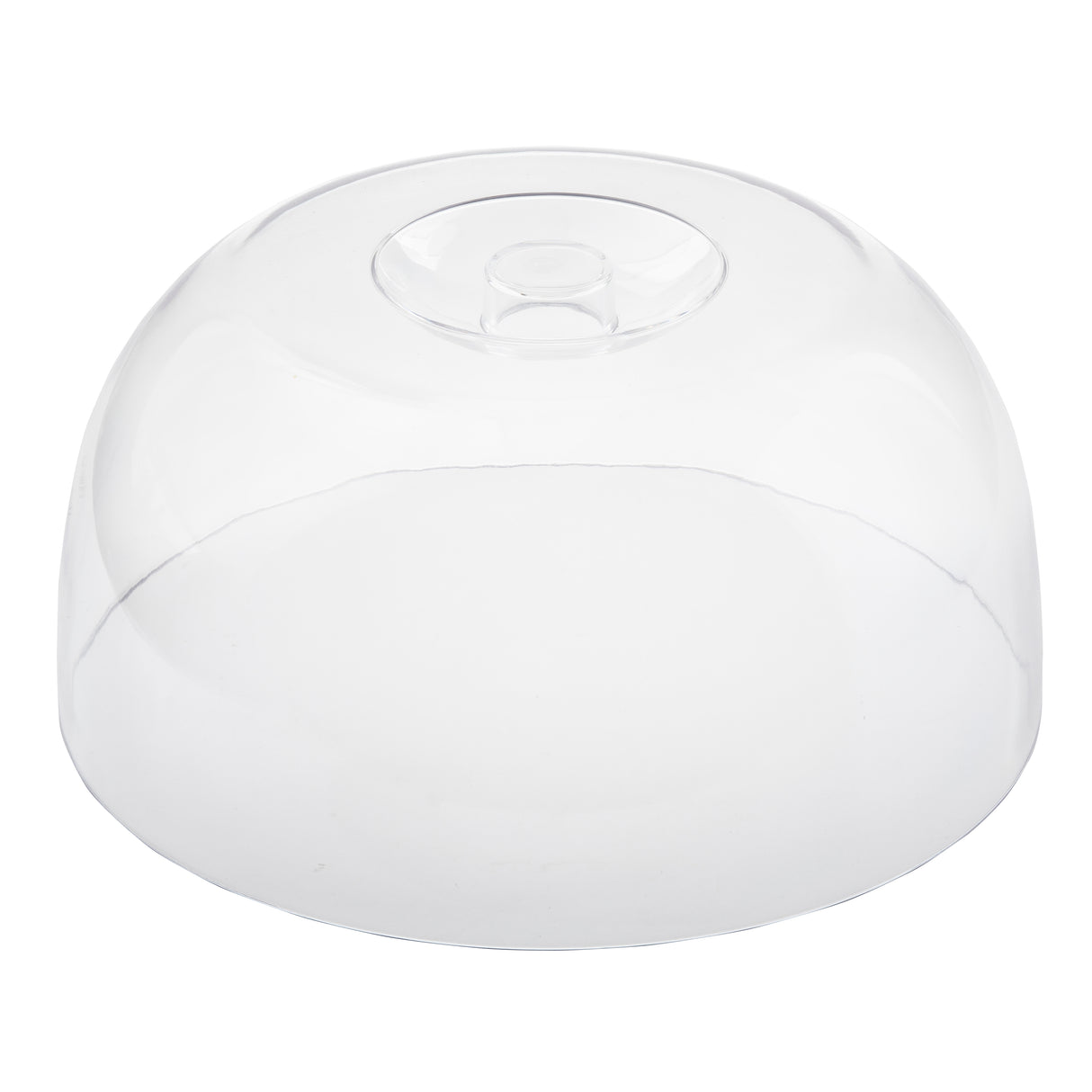 A transparent, dome-shaped plastic cake dome with a flat circular top and a central knob handle, designed to cover and protect food items. Dishwasher safe, this TableCraft cover stands out against the plain white background.