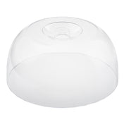 A transparent, dome-shaped plastic cake dome with a flat circular top and a central knob handle, designed to cover and protect food items. Dishwasher safe, this TableCraft cover stands out against the plain white background.