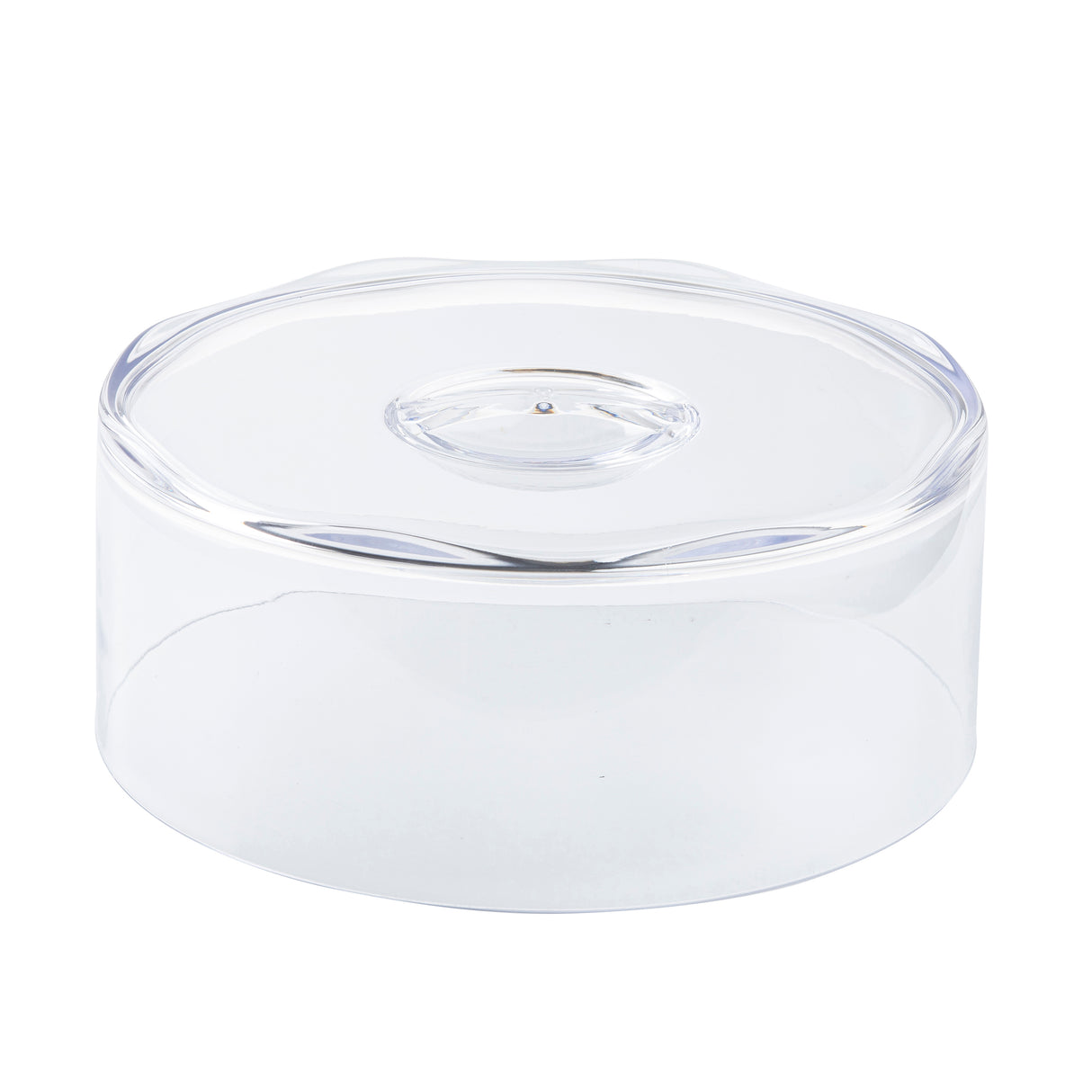 A clear, round plastic TableCraft cake cover with a flat base and matching transparent lid. The lid features a shallow circular indentation, and the edges of both the base and lid are smooth and slightly wavy. The container is empty.