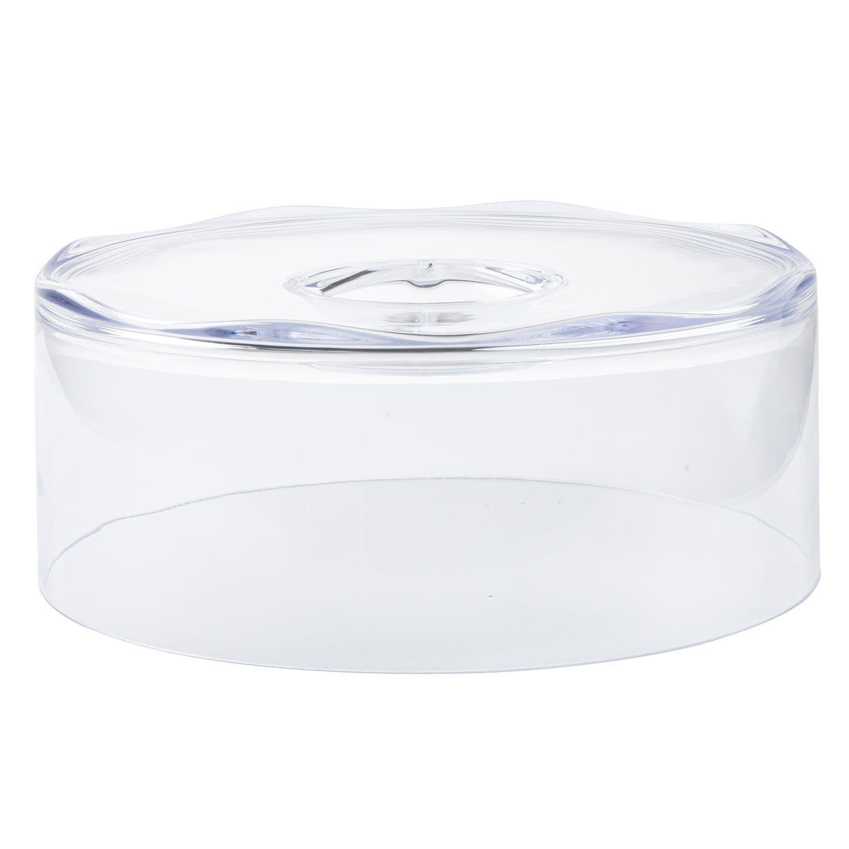 A clear, round SAN cake dome lid with a flat top and a small, raised grip in the center; the lid has smooth sides and is photographed against a white background.