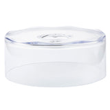 A clear, round SAN cake dome lid with a flat top and a small, raised grip in the center; the lid has smooth sides and is photographed against a white background.