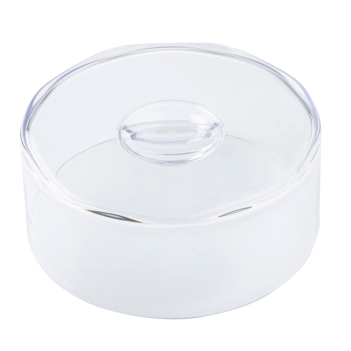 A transparent, round SAN cake dome with a clear, matching lid. The lid features a raised circular handle in the center for easy removal. This versatile TableCraft cake cover is empty and shown against a plain white background.