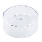 A transparent, round SAN cake dome with a clear, matching lid. The lid features a raised circular handle in the center for easy removal. This versatile TableCraft cake cover is empty and shown against a plain white background.