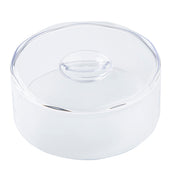 A transparent, round SAN cake dome with a clear, matching lid. The lid features a raised circular handle in the center for easy removal. This versatile TableCraft cake cover is empty and shown against a plain white background.