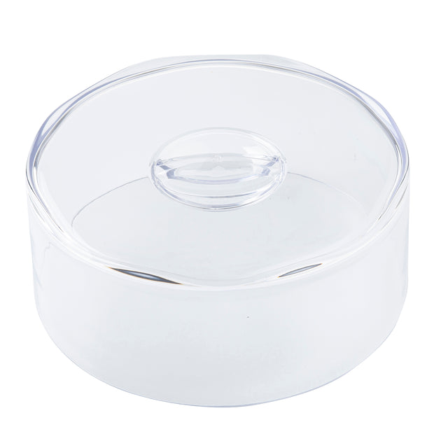 A transparent, round SAN cake dome with a clear, matching lid. The lid features a raised circular handle in the center for easy removal. This versatile TableCraft cake cover is empty and shown against a plain white background.