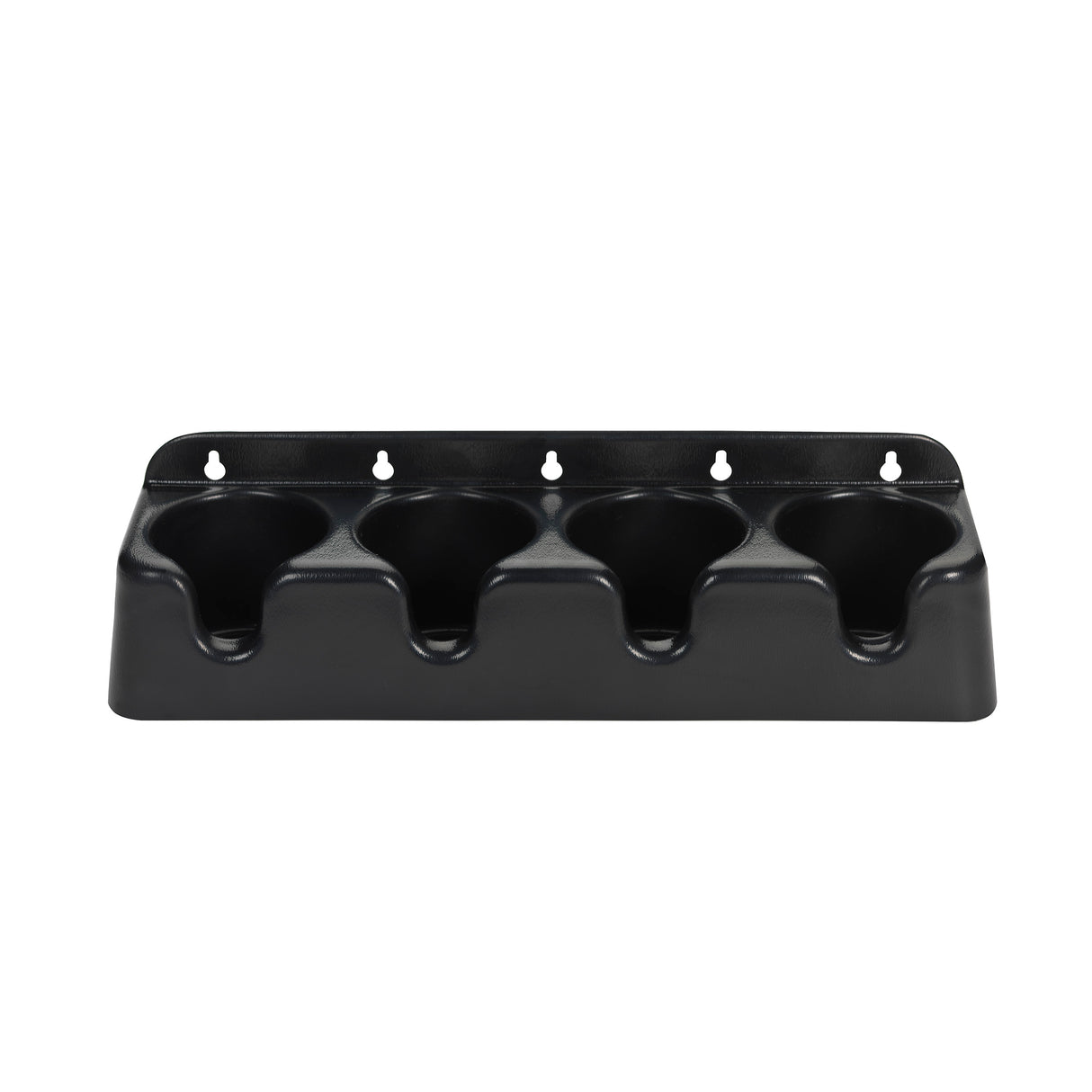 A wall mount cup holder with four cup-like slots, each shaped to securely hold a cylindrical object. The smooth black surface and angled front make this cup holder organizer ideal for neat storage in any space. Four rear holes enable easy mounting.