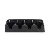 A wall mount cup holder with four cup-like slots, each shaped to securely hold a cylindrical object. The smooth black surface and angled front make this cup holder organizer ideal for neat storage in any space. Four rear holes enable easy mounting.
