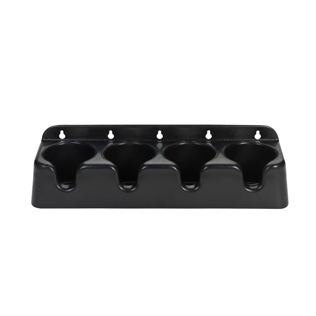 A wall mount cup holder with four cup-like slots, each shaped to securely hold a cylindrical object. The smooth black surface and angled front make this cup holder organizer ideal for neat storage in any space. Four rear holes enable easy mounting.