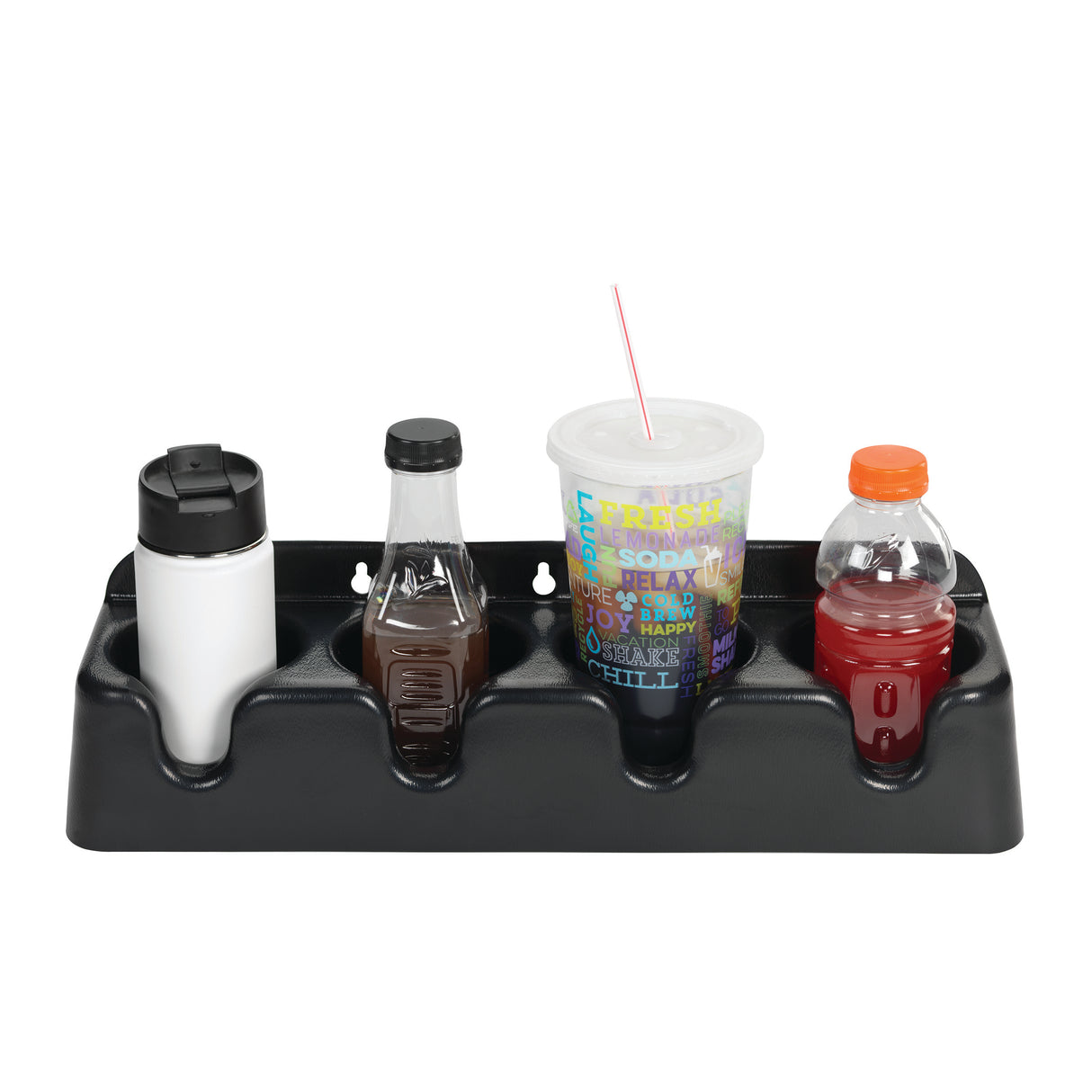 A black plastic cup holder organizer with four compartments holds a white travel mug, a glass bottle with dark liquid, a large disposable cup with lid and straw, and an orange sports drink bottle. The organizer sits on a plain white background.