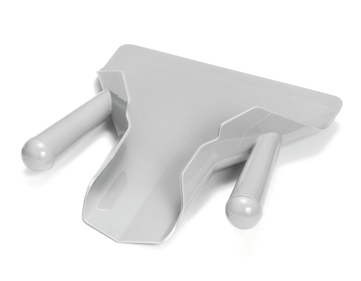 A gray plastic French fry scoop with dual handles and a triangular, flat base featuring a raised edge and tapered front for efficient scooping. The smooth, reflective surface is dishwasher safe for easy cleaning.
