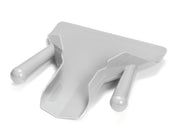 A gray plastic French fry scoop with dual handles and a triangular, flat base featuring a raised edge and tapered front for efficient scooping. The smooth, reflective surface is dishwasher safe for easy cleaning.