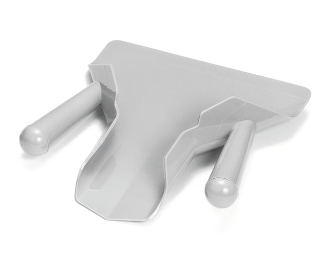 A gray plastic French fry scoop with dual handles and a triangular, flat base featuring a raised edge and tapered front for efficient scooping. The smooth, reflective surface is dishwasher safe for easy cleaning.