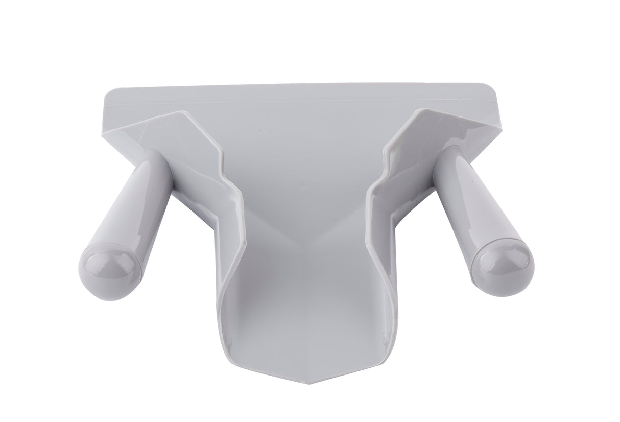 A white, plastic wall-mounted tool holder with two rounded pegs angled outward, viewed from the front. The center triangular slot can hold items like a French fry scoop. Smooth, shiny surfaces throughout make it simple, functional, and dishwasher safe in design.