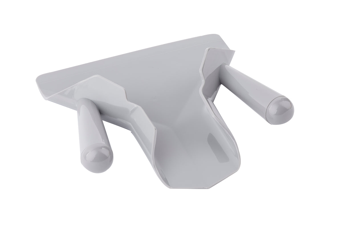 A white plastic French fry scoop with dual handles and a central scoop-shaped section, designed to hold and support objects. The handles are parallel on either side of the scoop. The smooth, glossy surface is dishwasher safe.