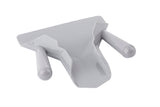 A white plastic French fry scoop with dual handles and a central scoop-shaped section, designed to hold and support objects. The handles are parallel on either side of the scoop. The smooth, glossy surface is dishwasher safe.