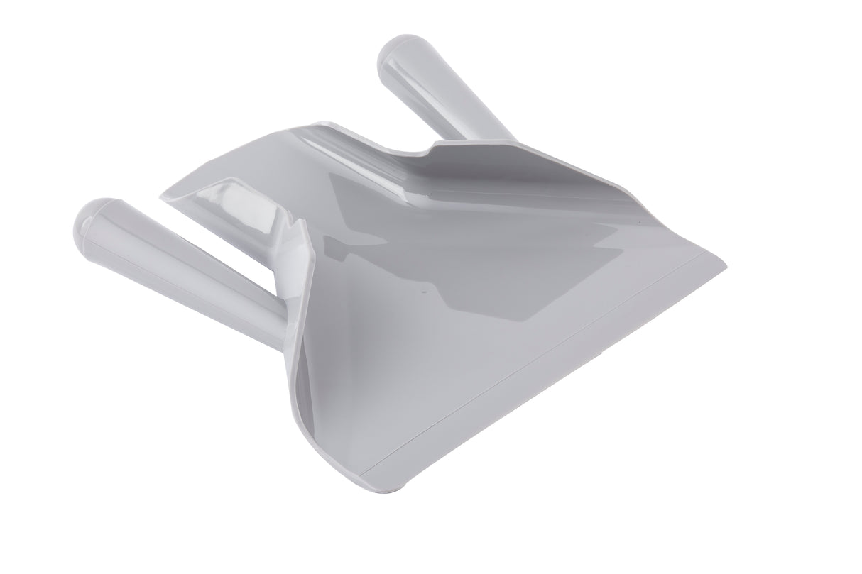 A gray plastic dustpan with a dual handle design, featuring two handles for easy grip. Its wide, flat mouth and curved sides make sweeping a breeze. The smooth, shiny surface is also dishwasher safe for hassle-free cleaning.