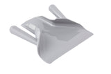 A gray plastic dustpan with a dual handle design, featuring two handles for easy grip. Its wide, flat mouth and curved sides make sweeping a breeze. The smooth, shiny surface is also dishwasher safe for hassle-free cleaning.