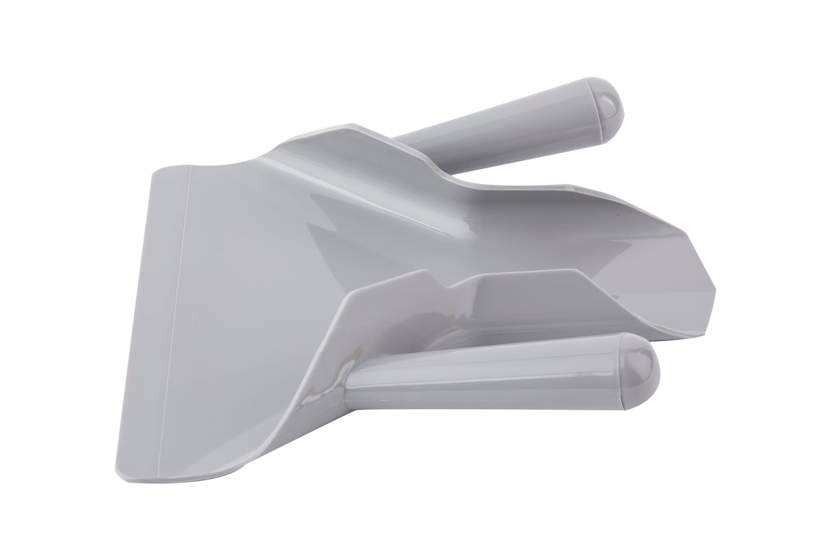 A gray plastic dustpan with dual handles—one on top and one on the side—rests on a white background. Its flat front edge and angled sides are designed for easy sweeping and collecting debris, much like a French fry scoop.