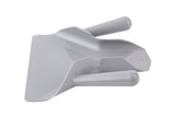 A gray plastic dustpan with dual handles—one on top and one on the side—rests on a white background. Its flat front edge and angled sides are designed for easy sweeping and collecting debris, much like a French fry scoop.
