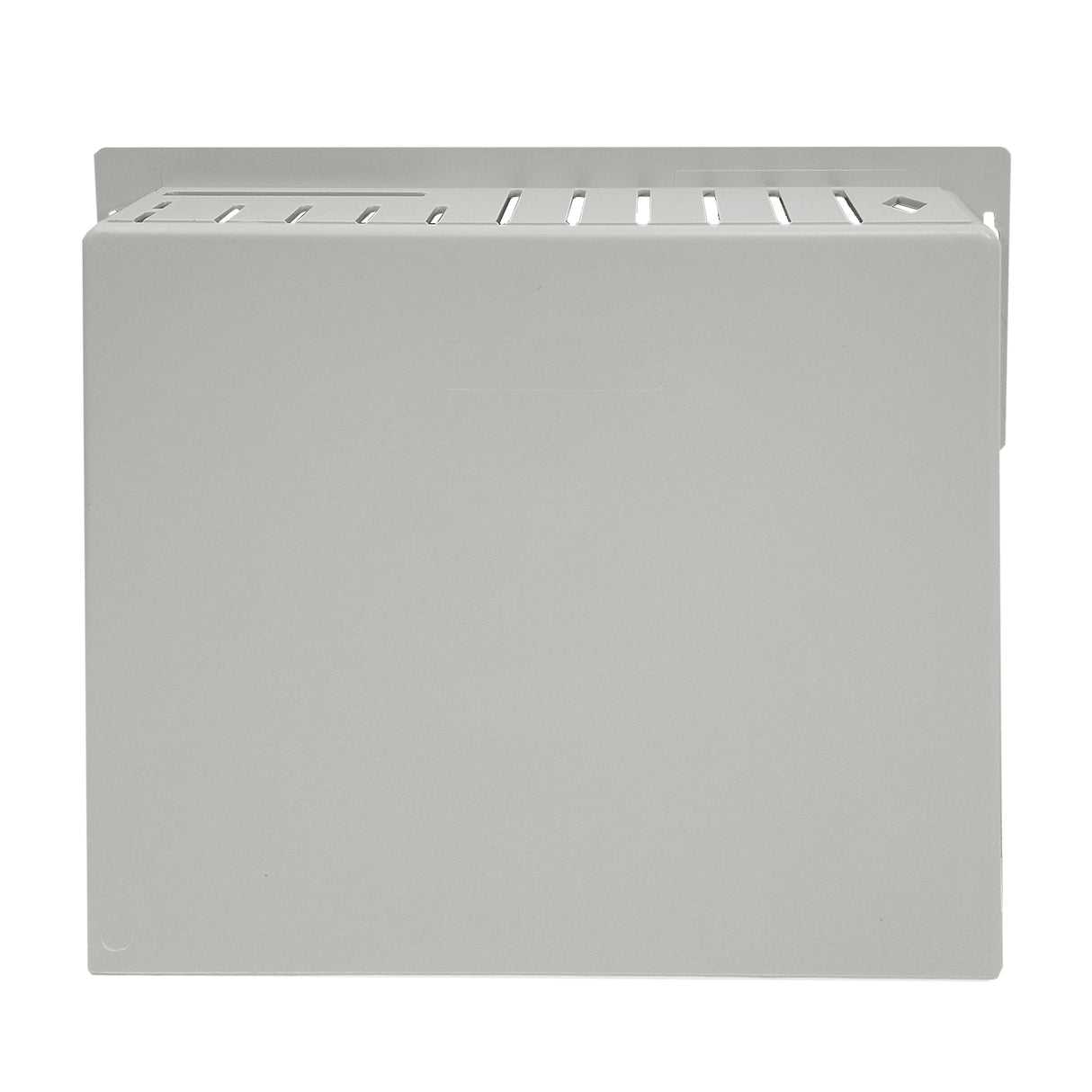 A plain, rectangular, gray metal box with a smooth front surface and evenly spaced ventilation slots on top—designed as a wall mount knife holder or utility enclosure, photographed against a white background.