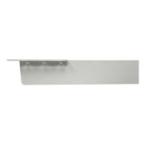 A minimalist, modern wall-mounted metal shelf in matte gray features a long rectangular base with a short upper ledge on the left side, a built-in knife rack, and three small hooks beneath—combining sleek style with functional storage.