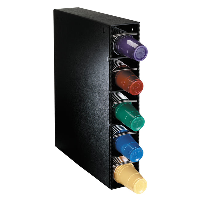 A black filing box, like an adjustable cup dispenser, holds six markers or pens stacked horizontally in individual slots, each a different color—purple, red, green, blue, orange, and yellow—with their caps facing outward.