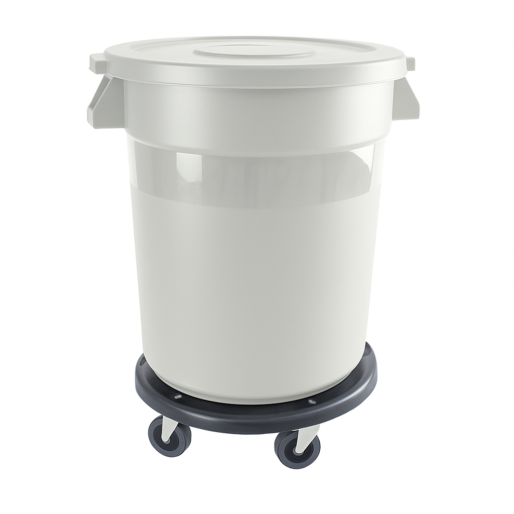 A large, round, 20 gallon plastic Trash Can with a matching lid sits on a black rolling dolly with four swiveling caster wheels, photographed against a plain white background.