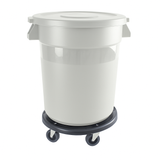 A large, round, 20 gallon plastic Trash Can with a matching lid sits on a black rolling dolly with four swiveling caster wheels, photographed against a plain white background.