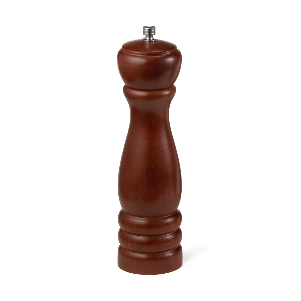 A tall TableCraft Products Pepper Mill with a smooth, mahogany wood finish and a classic hourglass shape. The top has a small silver knob, and the base features two carved rings. It stands upright on a plain white background.