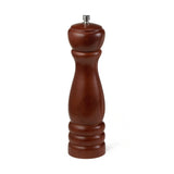 A tall TableCraft Products Pepper Mill with a smooth, mahogany wood finish and a classic hourglass shape. The top has a small silver knob, and the base features two carved rings. It stands upright on a plain white background.