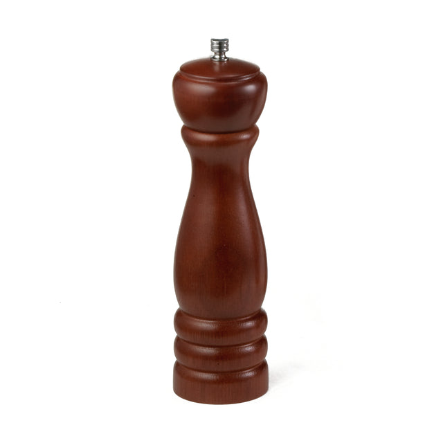 A tall TableCraft Products Pepper Mill with a smooth, mahogany wood finish and a classic hourglass shape. The top has a small silver knob, and the base features two carved rings. It stands upright on a plain white background.