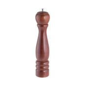 A tall wooden TableCraft pepper mill with a polished, mahogany wood finish stands upright on a white background. It features a rounded top, curvy tapered body, two ridged rings near the base, and a silver knob for adjusting the grind.
