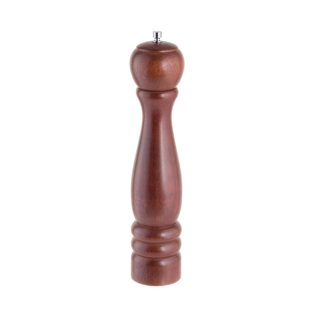 A tall wooden TableCraft pepper mill with a polished, mahogany wood finish stands upright on a white background. It features a rounded top, curvy tapered body, two ridged rings near the base, and a silver knob for adjusting the grind.