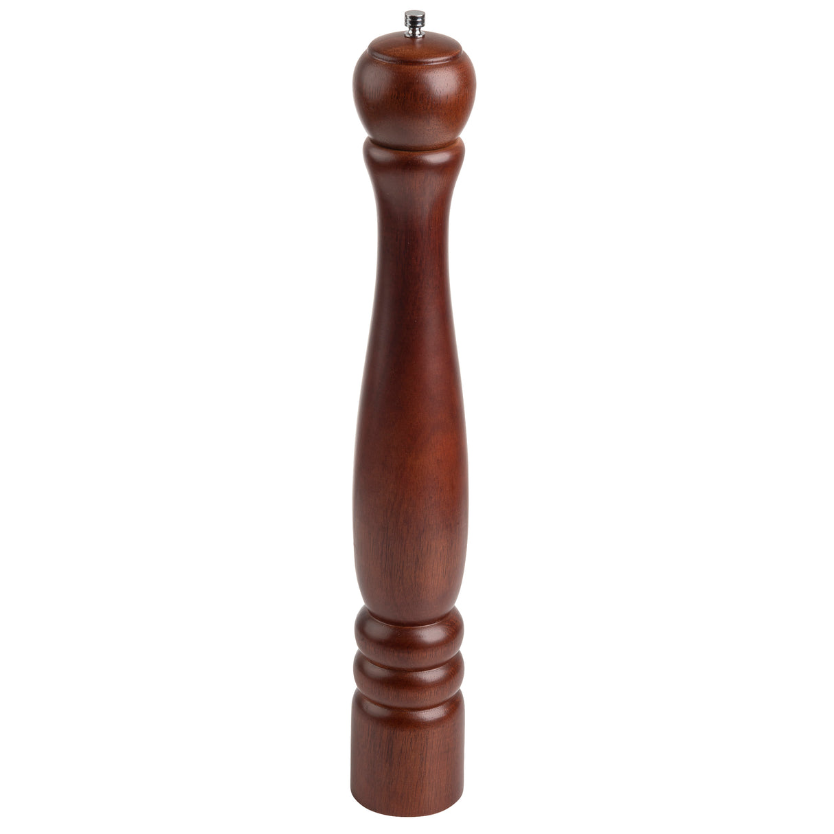 A tall TableCraft pepper mill crafted from dark mahogany wood with a smooth, polished finish, rounded top, slender middle, and decorative grooves near the base, standing upright on a white background.