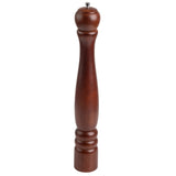 A tall TableCraft pepper mill crafted from dark mahogany wood with a smooth, polished finish, rounded top, slender middle, and decorative grooves near the base, standing upright on a white background.