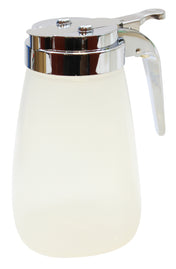 A 10 oz BPA free syrup dispenser with a clear glass body and a shiny silver metal lid with lever handle, photographed against a white background. The empty container reveals its transparent, slightly tapered body and reflective lid.