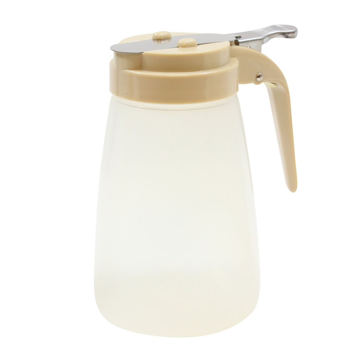 A BPA free syrup dispenser with a translucent plastic body, beige lid and handle, and metal lever for easy pouring. Its wide base tapers at the top, offering a simple, functional design that's also dishwasher safe.