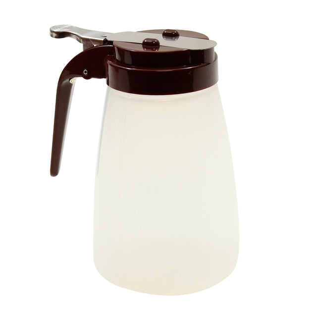 A translucent BPA free syrup dispenser with a dark brown handle and lid. The dispenser features a lever for pouring and two small round buttons on the lid. Its simple, unadorned body is dishwasher safe for easy cleaning.
