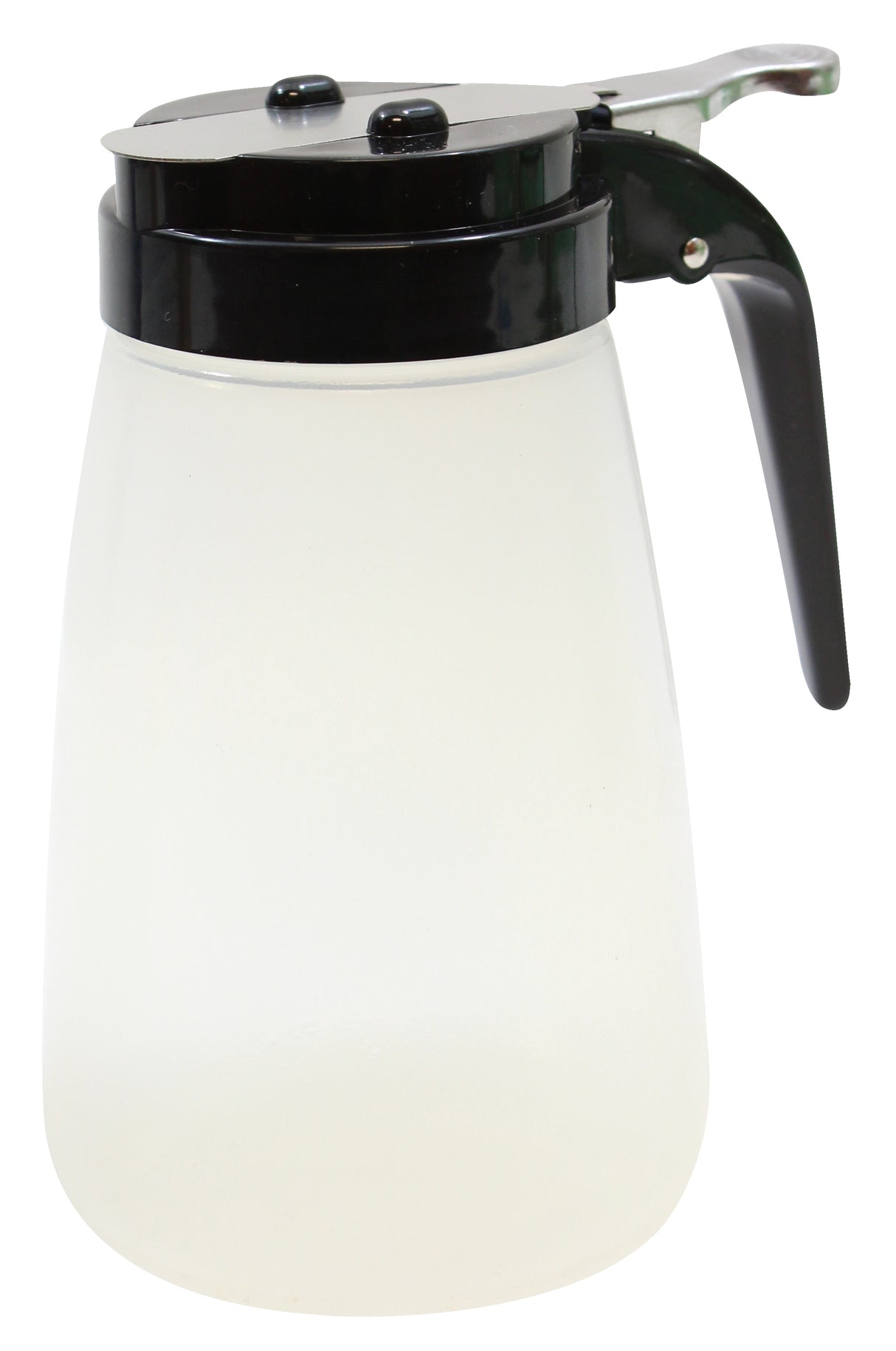A clear BPA free syrup dispenser with a black plastic lid and handle. The lid features a metal lever for easy pouring. Simple and functional, this dishwasher safe container is commonly used in diners or home kitchens.