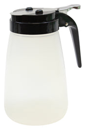 A clear BPA free syrup dispenser with a black plastic lid and handle. The lid features a metal lever for easy pouring. Simple and functional, this dishwasher safe container is commonly used in diners or home kitchens.