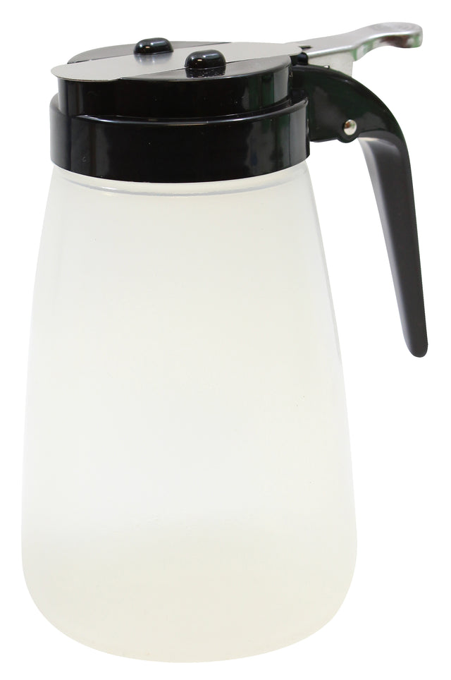 A clear BPA free syrup dispenser with a black plastic lid and handle. The lid features a metal lever for easy pouring. Simple and functional, this dishwasher safe container is commonly used in diners or home kitchens.