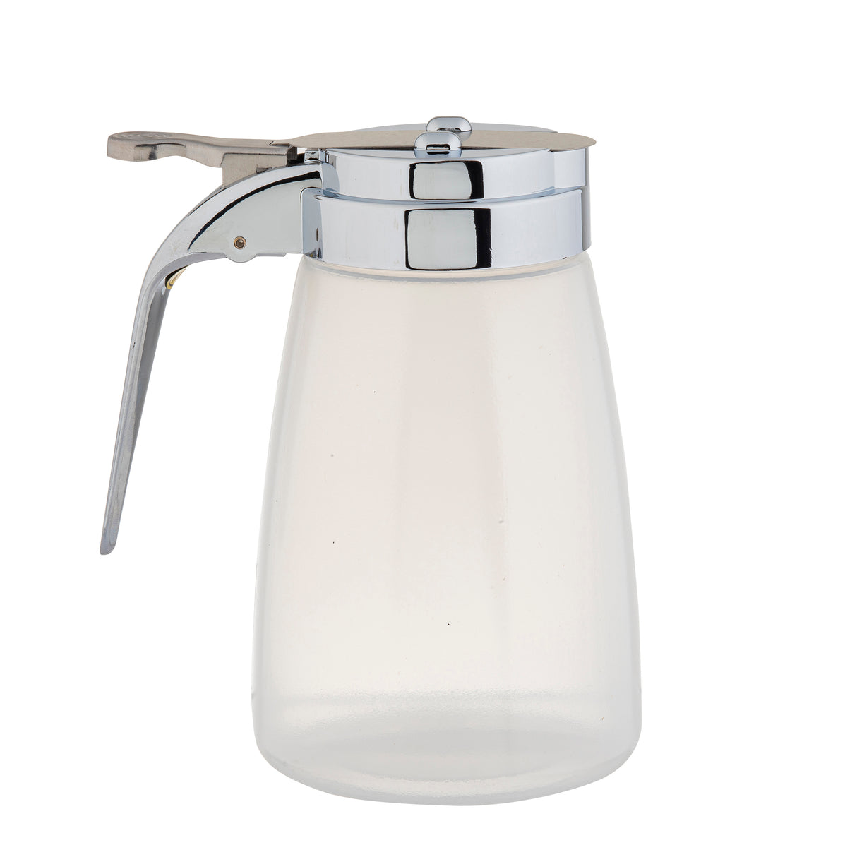 A clear glass syrup dispenser with a wide base and narrow top. This 10 oz., BPA free container features a silver metal lid and lever handle for easy pouring. The dispenser appears empty against a plain white background.