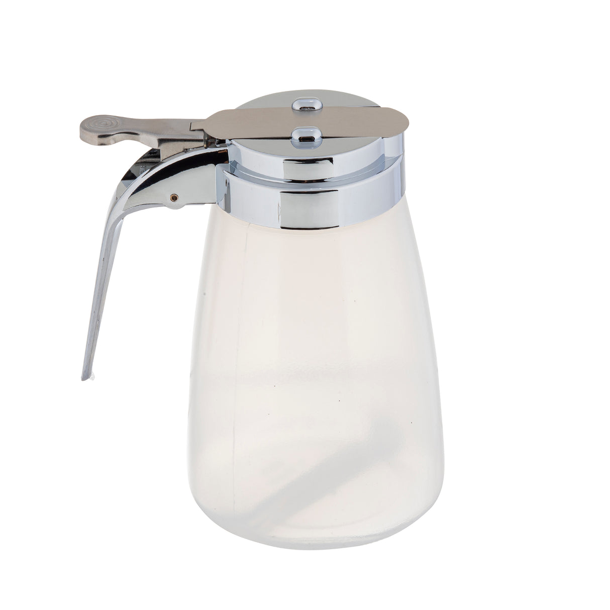A clear glass syrup dispenser, 10 oz capacity, with a shiny chrome metal lid and handle. The lever allows easy pouring, and the dispenser is empty, clean, and stands upright on a white background. Dishwasher safe for effortless cleaning.